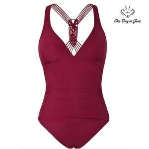 Mycoco V Neck Macrame Cross Back One Piece Swimsuit Size S